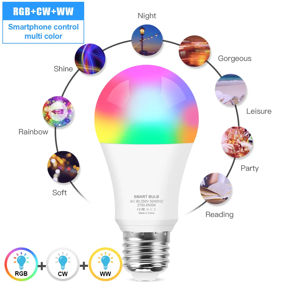 Умный светильник Tuya Wifi E27 Светодиодная лампа 12 Вт 15 меняющая цвет RGB + белый теплый