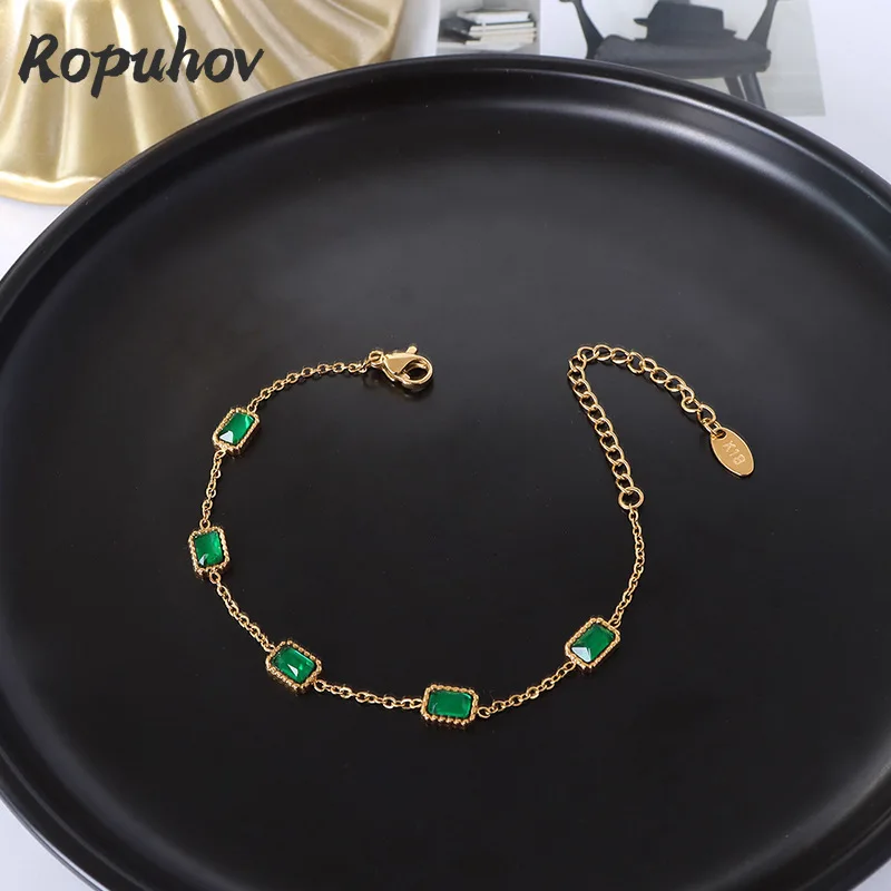 

Ropuhov 2021 New Woman European And American Minority Design Sense Inlaid Emerald Zircon Gold Square Titanium Steel Bracelet
