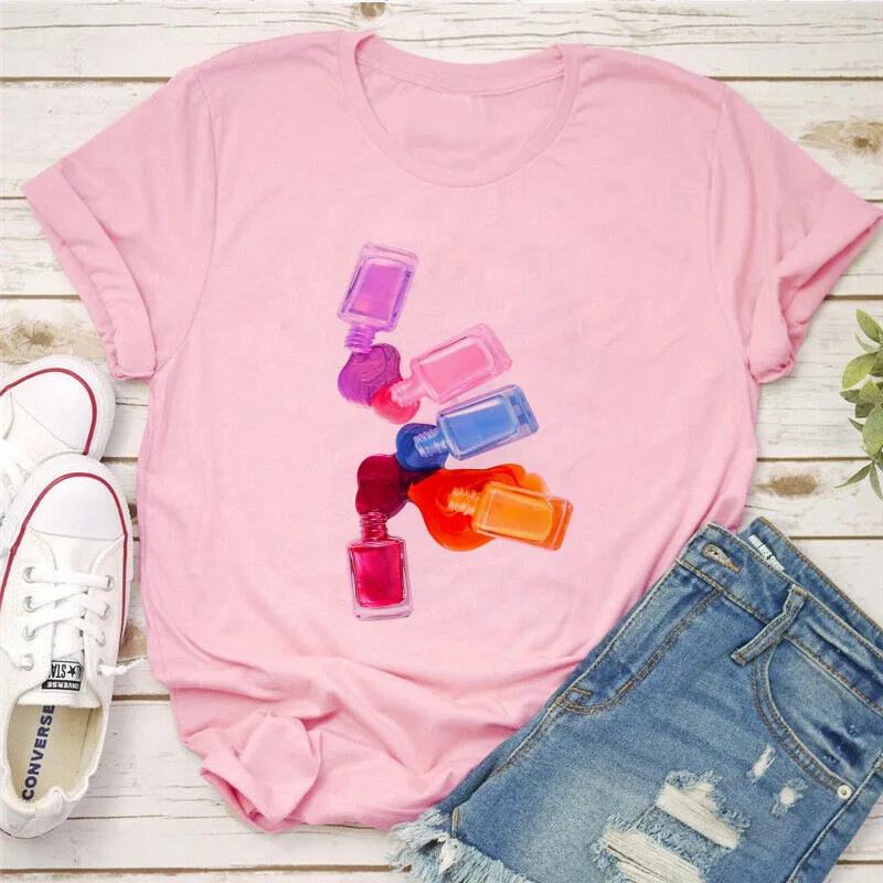 

2021 Summer Short Sleeve Women Top T Shirt New Fashion Makeup Print Lady Casual Streetwear Funny Graphic Female Clothing Tees