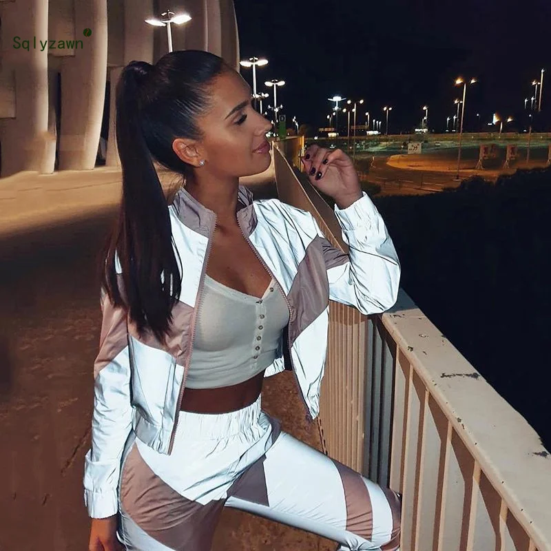 Женский светоотражающий спортивный костюм розовая одежда в стиле колор блок