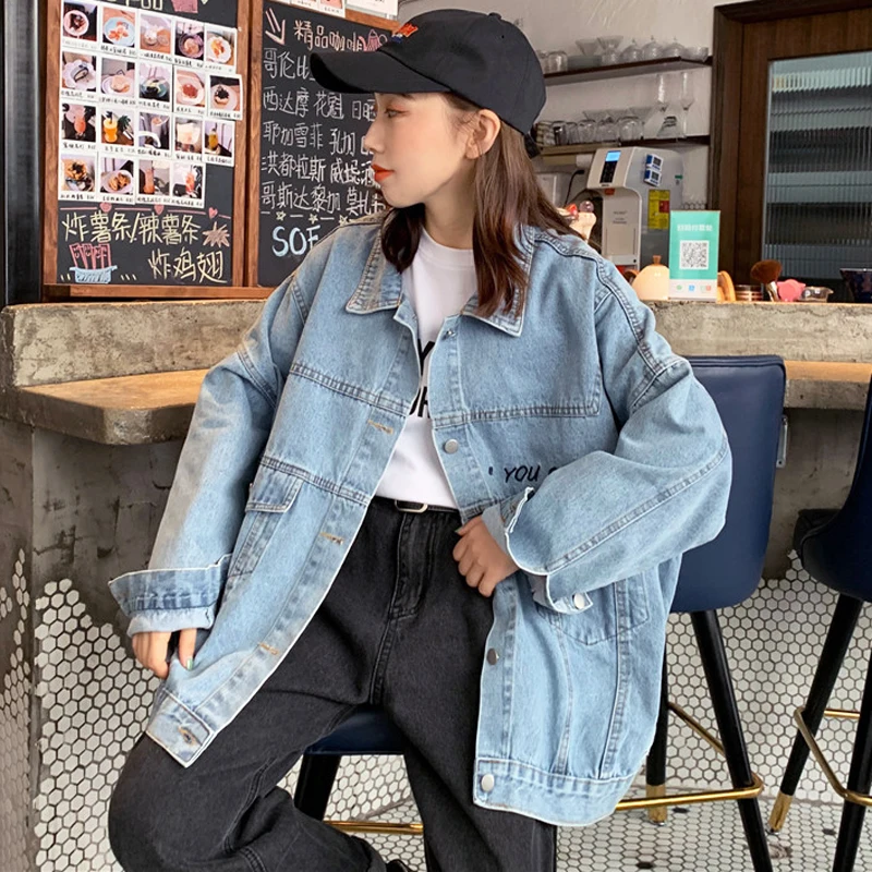 

Harajuku Cartoon Character Print Denim Jacket Women Loose Single Breasted Large Pocket Denim Jacket Vintage Washed Denim Jacket