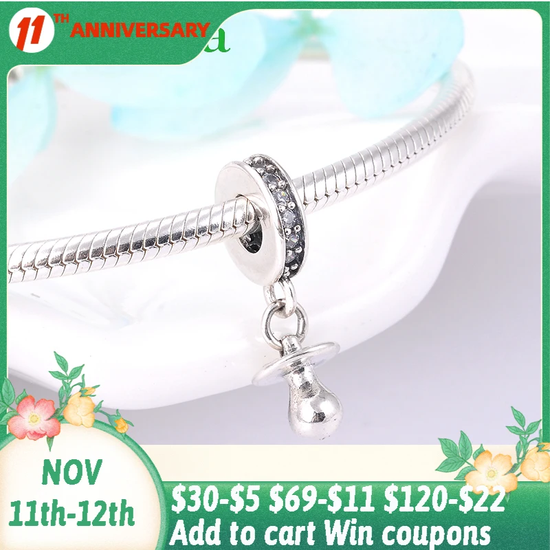 

925 стерлингового серебра детская пустышка на цепочке с прищепкой, циркониевые бусины в форме двойного конуса, красивые модные милые Подвеск...