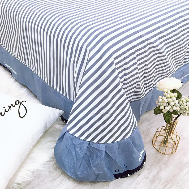 Sanding Bedding Set White stripes Bed blue Duvet Cover Skirt lace Sheet Pillowcases Queen size bed | Дом и сад