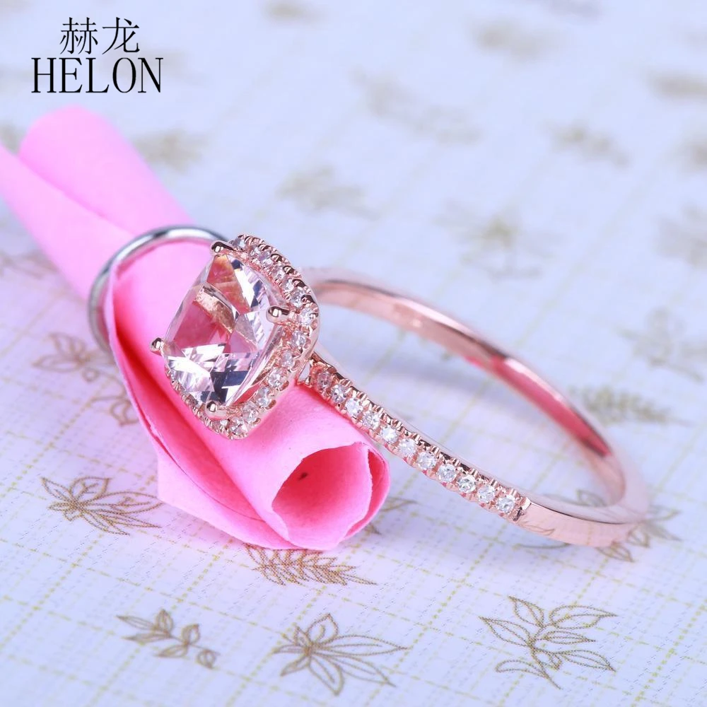 

HELON Solid 18k Rose Gold Cushion 6mm 0.9ct Natural Morganite 0.2ct Diamond Engagement Wedding Ring Women Exquisite Fine Jewelry