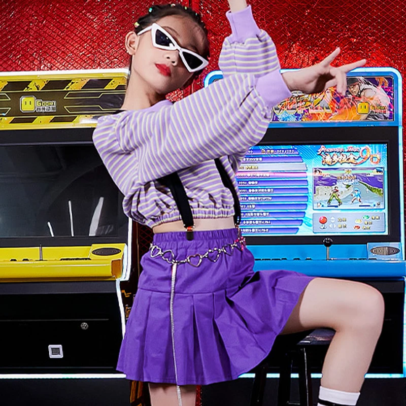 

2020 Girls's HipHop Clothes Purple Stripe Sweater Jazz Dance Skirt Children Modern Ballroom Dance Costume Stage Show Wear