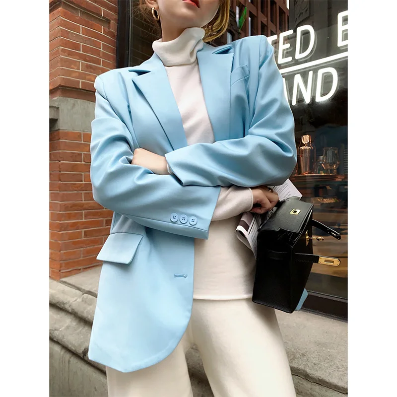 

DEAT Women Blue Single Breasted Pockets Office Lady Blazer New Notched Long Sleeve Slim Jacket Fashion Tide Summer 2021 7E126