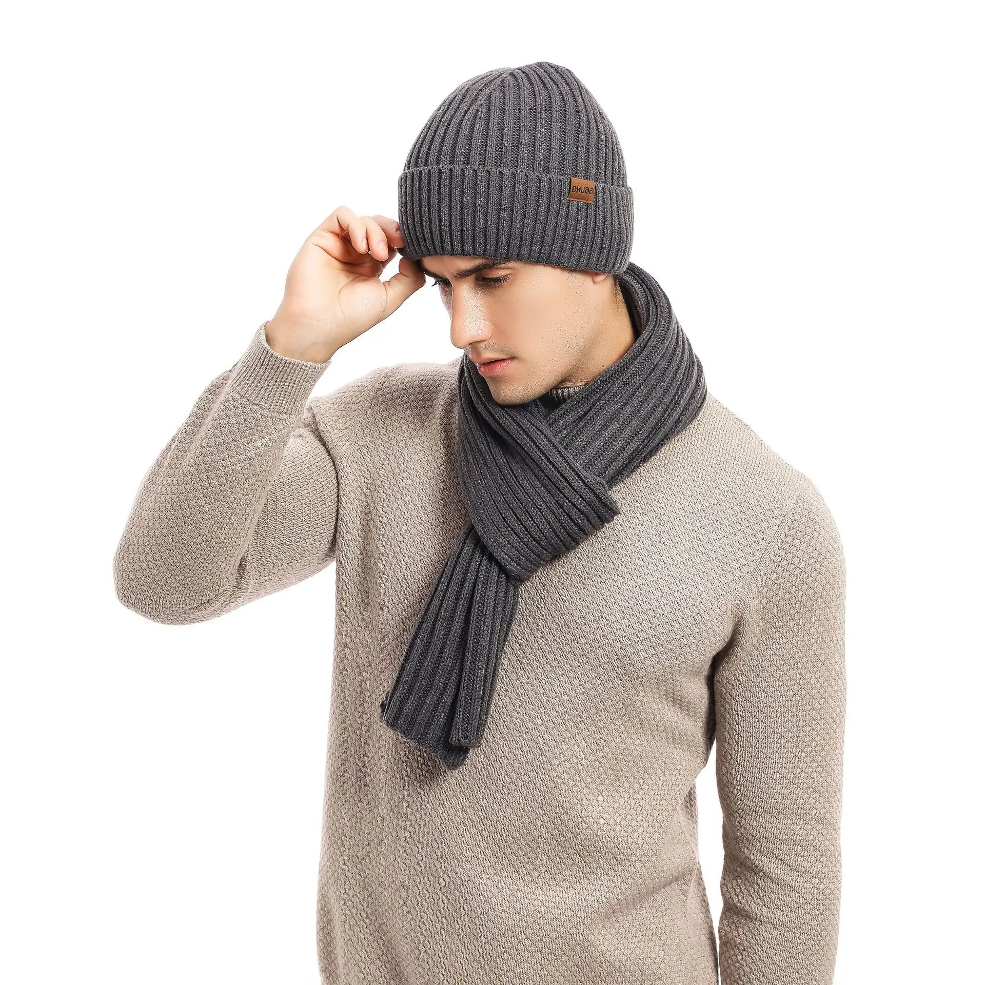 Three-piece Men's Scarf Gloves Hat Winter Outdoor Sports Warm Cashmere Scarf Solid Color Knitted Hat Gloves Scarf Set
