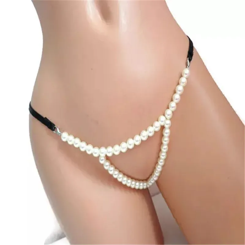 white 100 PCS Влюбленных сексуальное нижнее белье бикини жемчужная цепь ночной клуб ожерелье флирт сексуальные стринги трусики украшение для тела из цепочек для женщин - Окраска металла: white 100 PCS