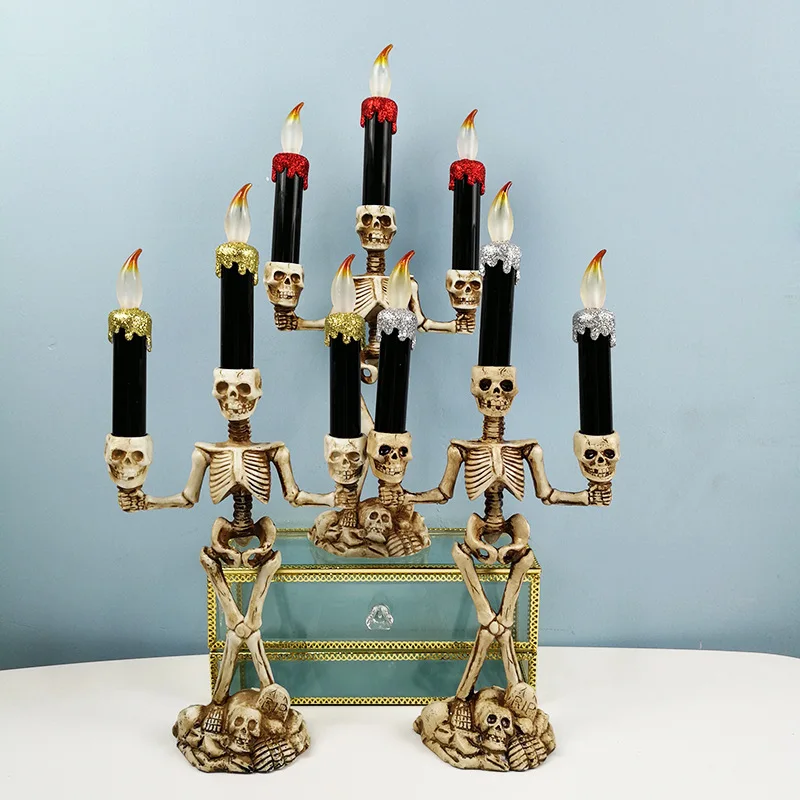 

Halloween Skeleton Flameless Candle Holder Triple Halloween Candles LED Halloween Candles Flameless Skeleton Skull for Halloween