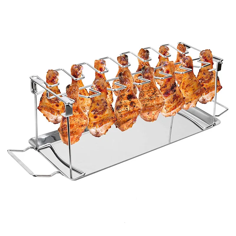 

BBQ Rack 14 Slots Beef Chicken Leg Wing Grill Stainless Steel Barbecue Drumsticks Holder Stand with Drip Pan BBQ Accessories
