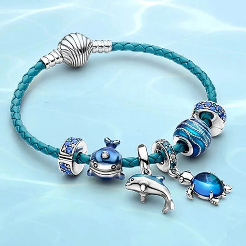 

925 Sterling Silver Ocean Series Blue Secret Crystal Turtle Fish Woven Bracelet For Christmas Wedding Party Fashion Jewelry