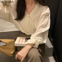 autumn women v neck 4xl elegant blouse plus size lace hollow out french shirt new apricot long sleeve female loose top 17829