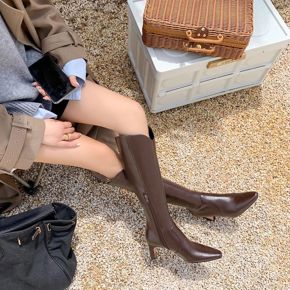 

Winter Knee High Boots 6.5cm High Heels Women Shoes Black Beige Brown Autumn Boot Sexy Pointed Toe Leather Inside Zip Waterproof