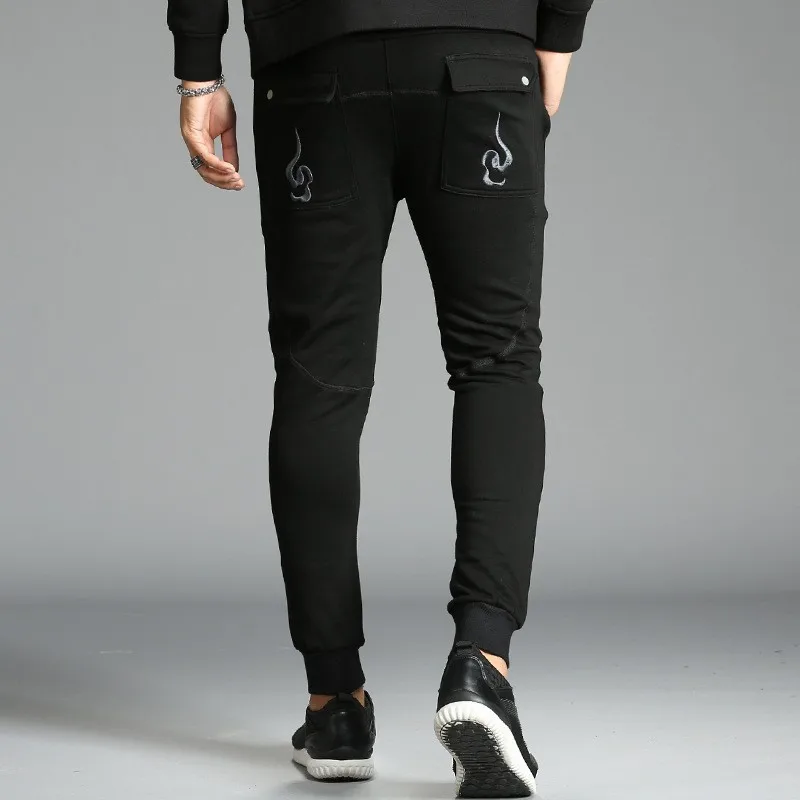 

Mens Sweatpants Chinese Style Vintage Printed Embroidery Slim Fit Harem Pants Lace-Up Elastic Fashion Casual Trousers Plus Size