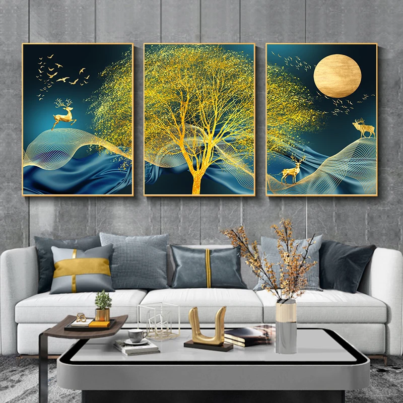 

Nordic Style Landscape Golden Tree and Deer Pictures Modern Poster and Prints Canvas Painting Wall Art in Living Room Home Decor