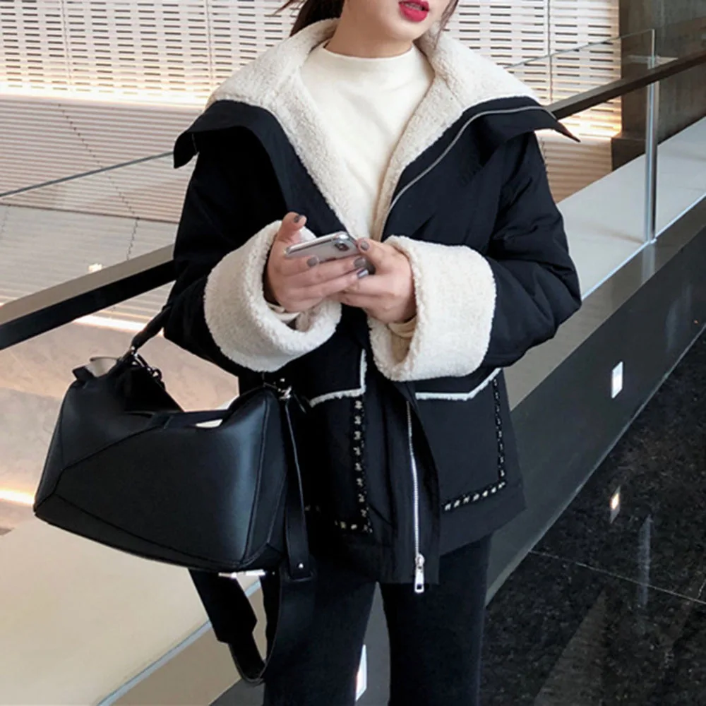 

Толстая свободная зимняя женская куртка на молнии, однотонная утепленная короткая куртка с лацканами из бархата и плюша ягненка, повседнев...