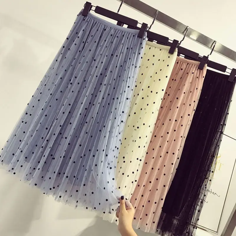 Женская фатиновая юбка в горошек TingYiLi гофрированные длинные юбки с высокой