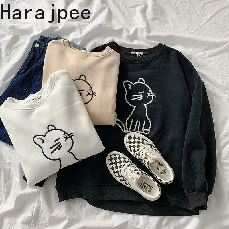 

Harajpee Women Hoodie Pullover Japanese Style Cartoon Embroidery Plus Velvet Thickening Long-sleeved Tops 2021 Autumn New