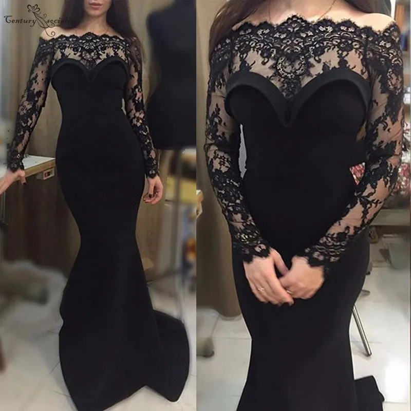 

Черные вечерние платья-русалки 2020, кружевное платье для выпускного вечера с открытыми плечами и длинным рукавом, дешевые наряды для официал...