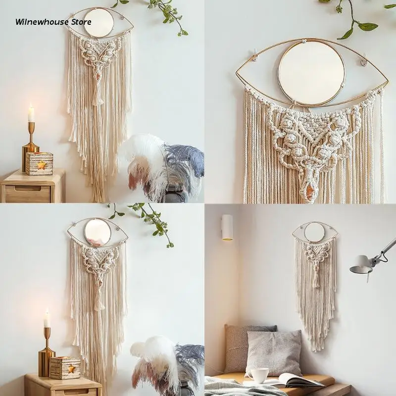 

F62A Nordic Boho Style Eye Shape Mirror Wall Tapestry Long Tassel Bohemian Hand-woven Cotton Rope Mural Wall Hanging Decor for