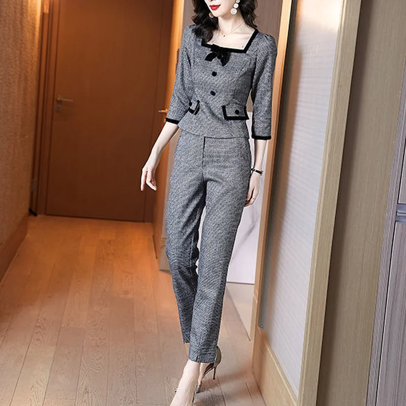 

2021 Spring Autumn New Women Fashion Slim 3/4 Sleeve Top + High Waist Long Pants OL Profession Office Lady Two-piece Set Y720
