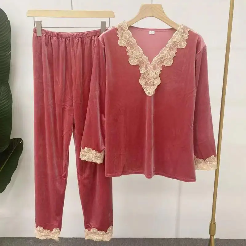 

Women Pajamas Sleepwear Autumn Winter New Velvet Trouser Suits Loose Casual Long Sleeve Pyjama Pour Femme Sexy Lace Home Clothes