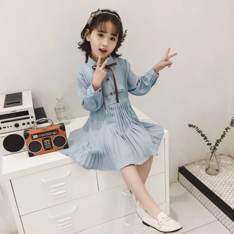 New children's clothing girls temperament pleated spring and autumn new waist long sleeves cute dress in the section | Детская