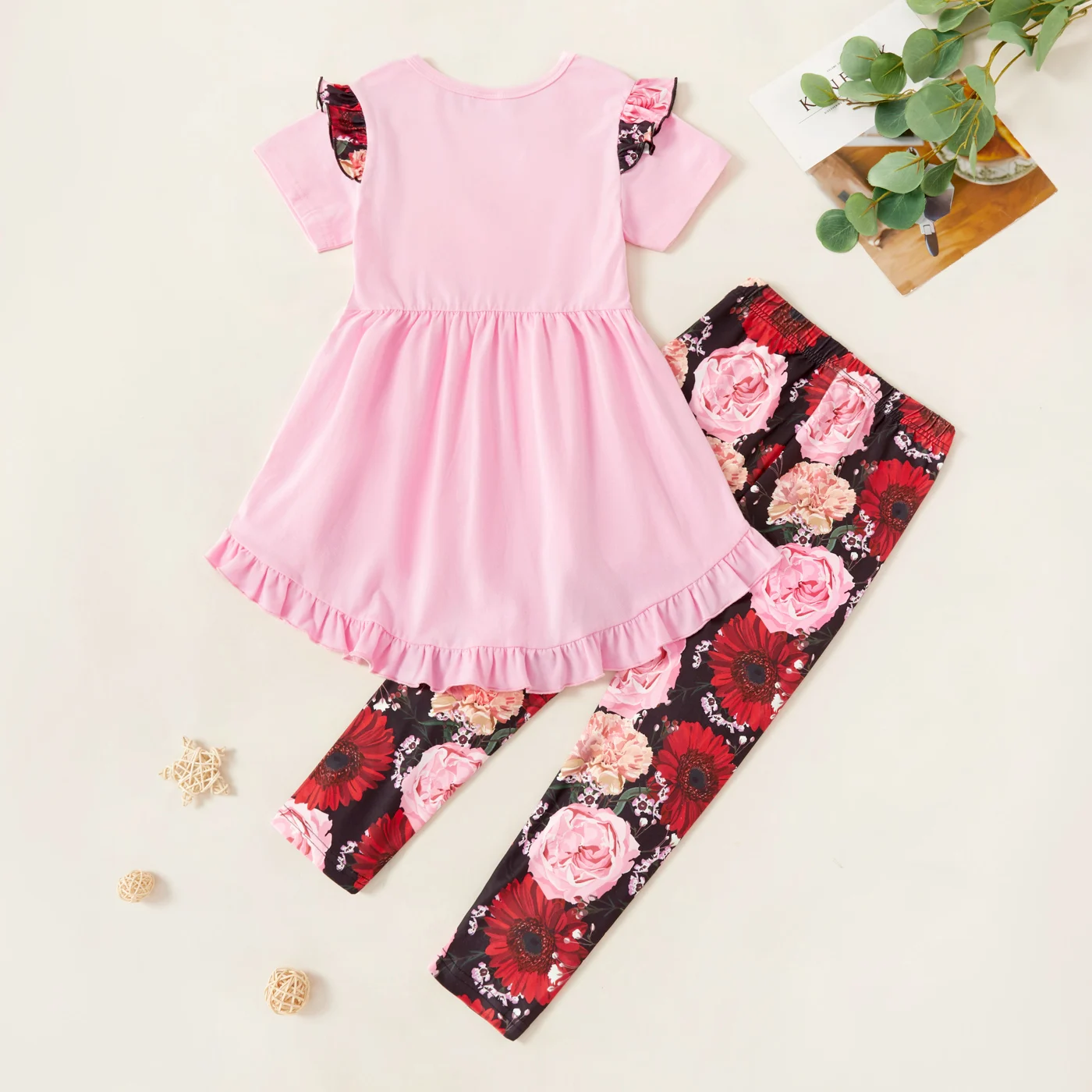 

PatPat 2021 New Arrival Summer Kids Girl Letter Print Ruffled Tee and Floral Allover Pants Set