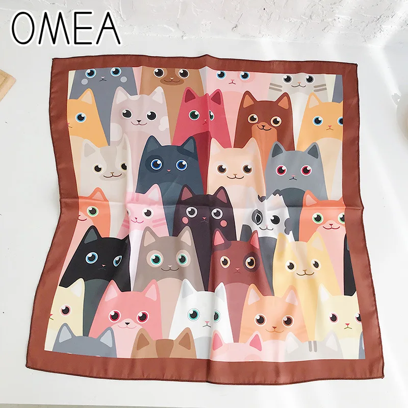 

OMEA шелковый шарф для женщин с милым котом в Корейском стиле квадратный украшение для шарфа шеи тонкий шейный галстук-бабочка с мультяшными ...