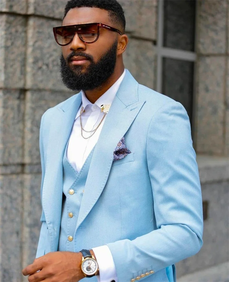 

3 Pieces Royal Blue Men Suits Double Breasted Jacket+Pant+Vest Custom Made Formal Wedding Suit Metal Button Plus Size Party Suit