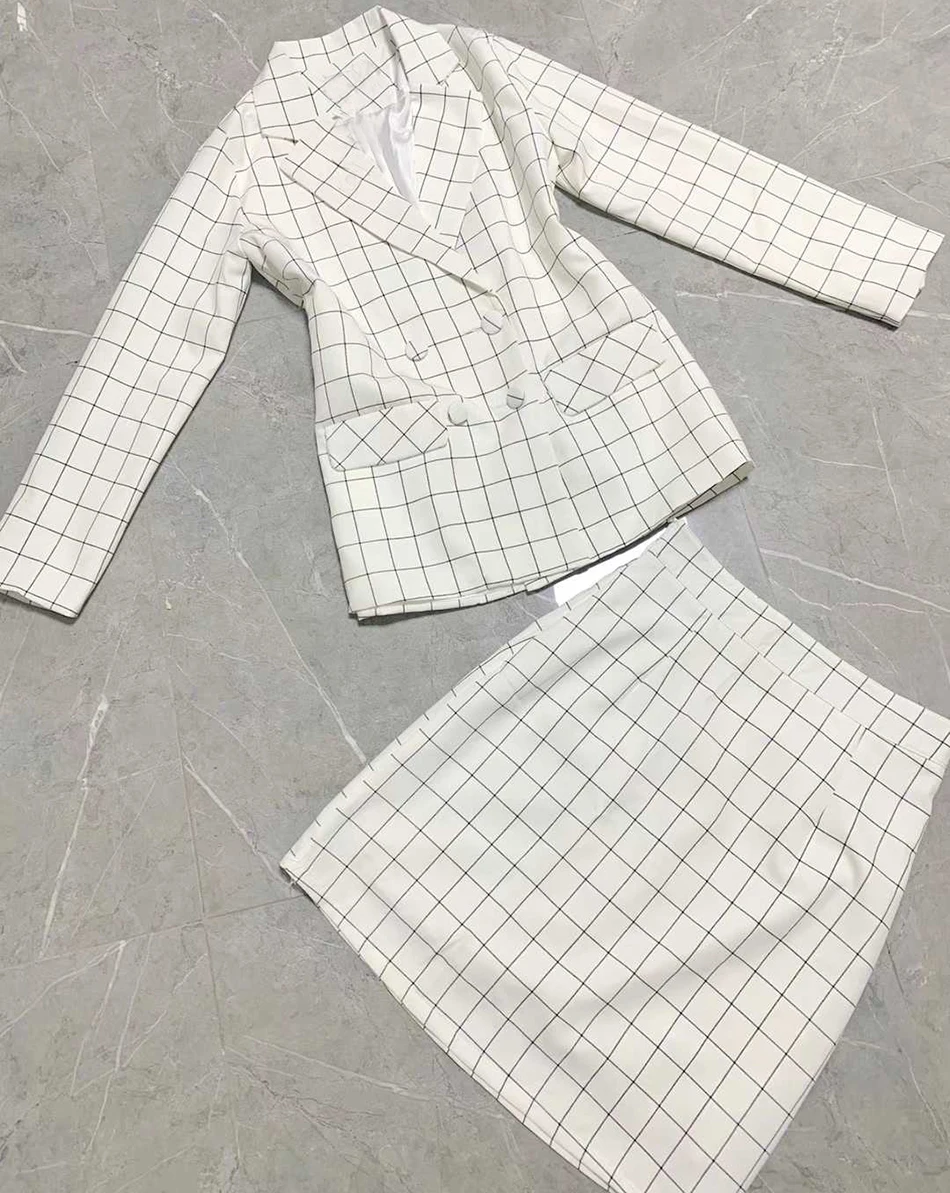 Fashion Sexy V-Neck Women'S Suit Plaid Skirt Button Jacket And Slim Mini Two-Piece 2019 New Wholesale |