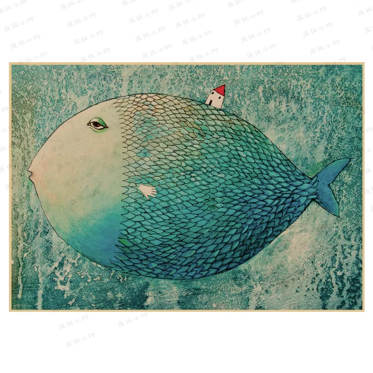 

Плакат из крафт-бумаги с изображением большой рыбы для маленького дома, украшение для студенческого общежития, гостиной, детской спальни, н...