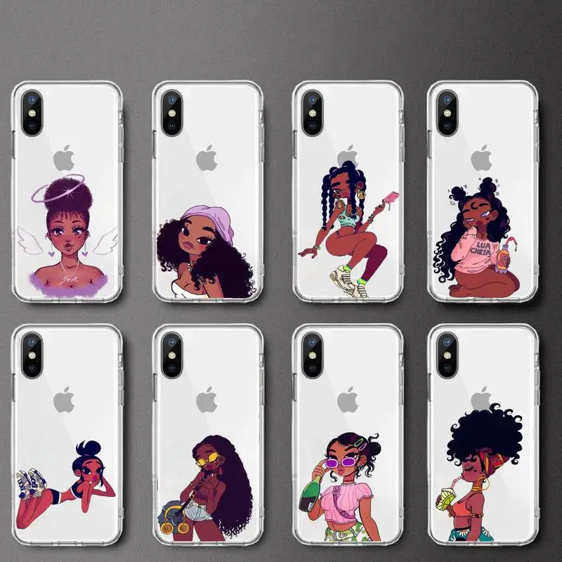 

Girl cartoon african woman melanin Phone Case Transparent soft For iphone 12 11 13 7 8 6 s plus x xs xr pro max mini