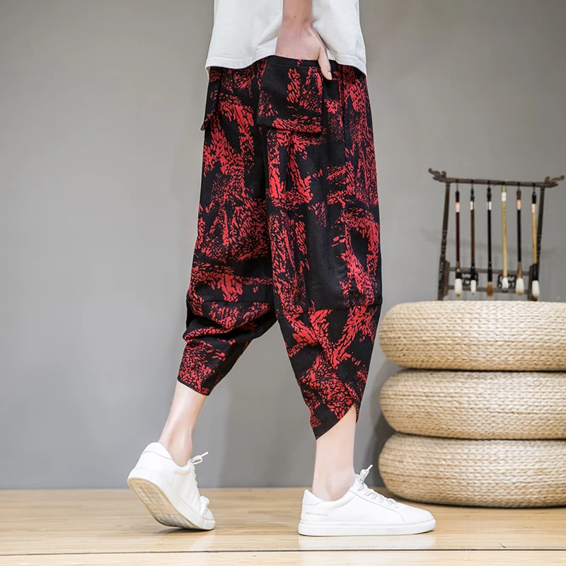 

Men Pants Men's Wide Crotch Harem Pants Loose Large Cropped Trousers Wide-legged Bloomers Korean Style Printed Baggy Streetwear