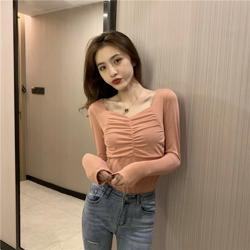 

Autumn new Korean style sexy square collar temperament pleated bottoming shirt women long-sleeved T-shirt slim slimming top