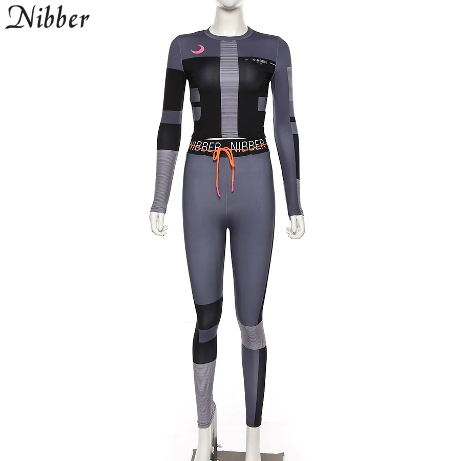 Nibber черная Лоскутная Спортивная одежда для отдыха, комплекты из 2 предметов, Женские Эластичные Обтягивающие Леггинсы с принтом, укороченные топы, спортивные костюмы для бега