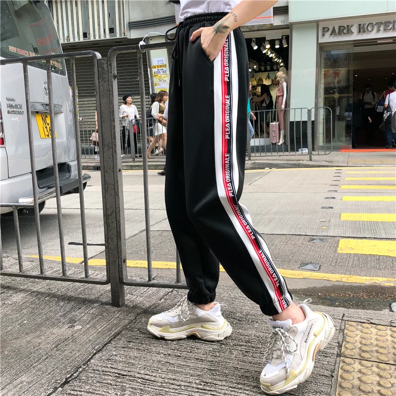 Повседневные Новые Осенние эластичные брюки женские Боковые Полосатые