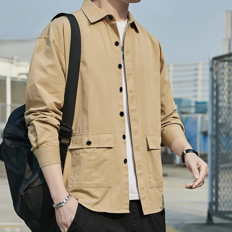 

2021 Spring Autumn Casual Shirts Men Cotton Turn Down Collar Korean Solid Breasted Streetwear Fashion Shirt Men