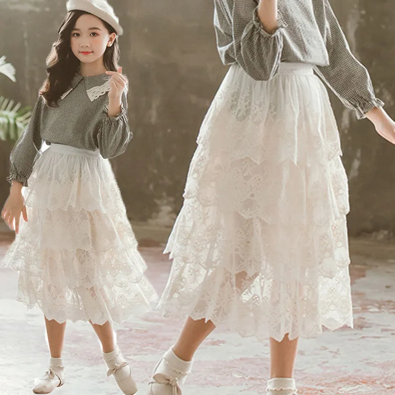 Кружевная длинная юбка с оборками для детей многослойная девочек подростков 14 12