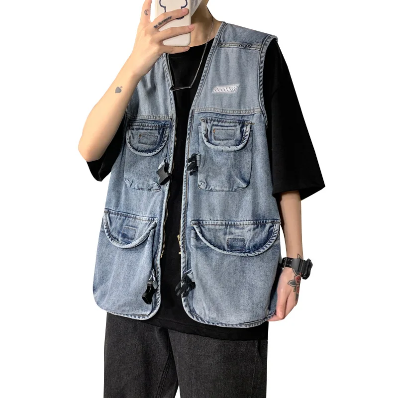 

Vintage Denim Vest Men's Individuality Pockets Design Waistcoat Vests Jacket Male Sleeveless Safari Clothes Loose Overcoat Tops