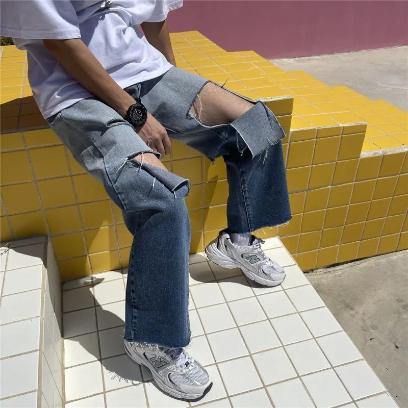

Raw-edge Ripped Jeans Streetwear Hiphop Tie-dye Gradient Straight Denim Pants Trendy Casual Pants Korean Pendant Wide-leg Pants