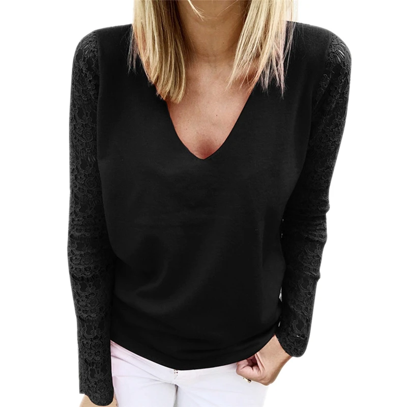 Модные Женские однотонные кружевные Прошитые блузки с длинным рукавом Теплые