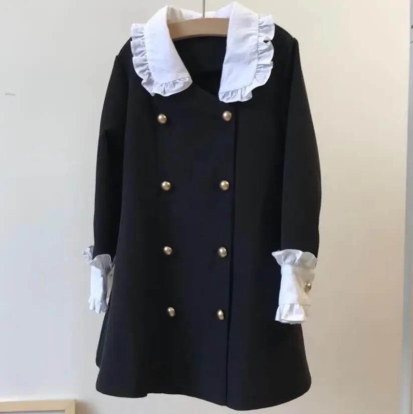 

White Black Patchwork Dress Girls Autumn Double-breasted Turn-down Collar Dresses Kids Cute Baby Princess Dress