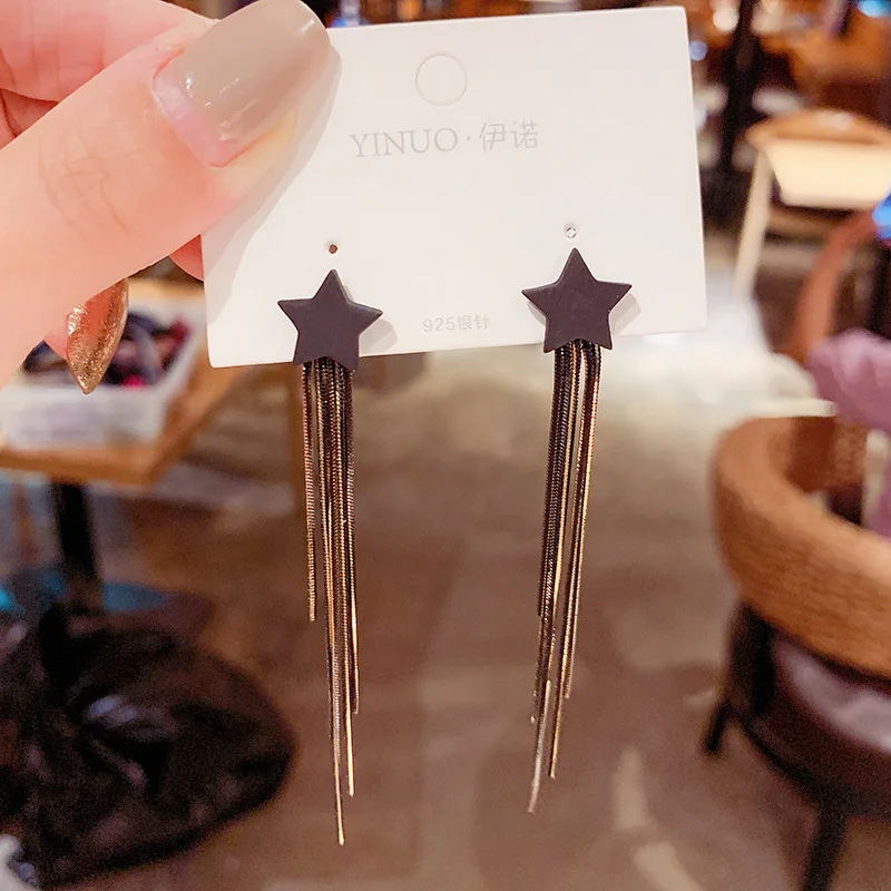 

Trendy Female Star Long Drop Earrings Charm 14KT Black Gold Wedding Earrings For Women Dainty Bride Chain Dangle Earrings