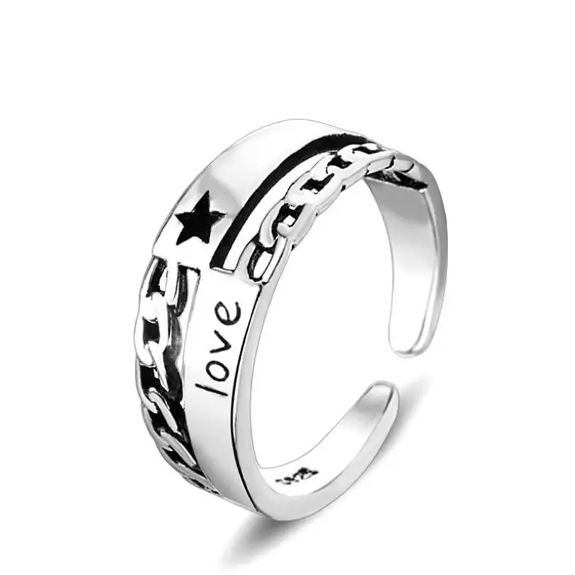 

Vintage Fashion Thai Silver Star Alphabet Chain Adjustable Rings For Women Personality Punk 925 Sterling Silver Jewelry SAR164