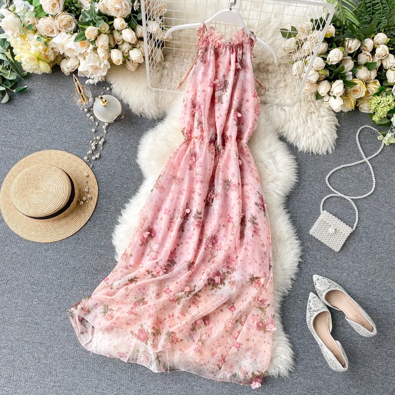 Женское пляжное платье GLAUKE Розовое Шифоновое подиумное с вырезом на шее лето