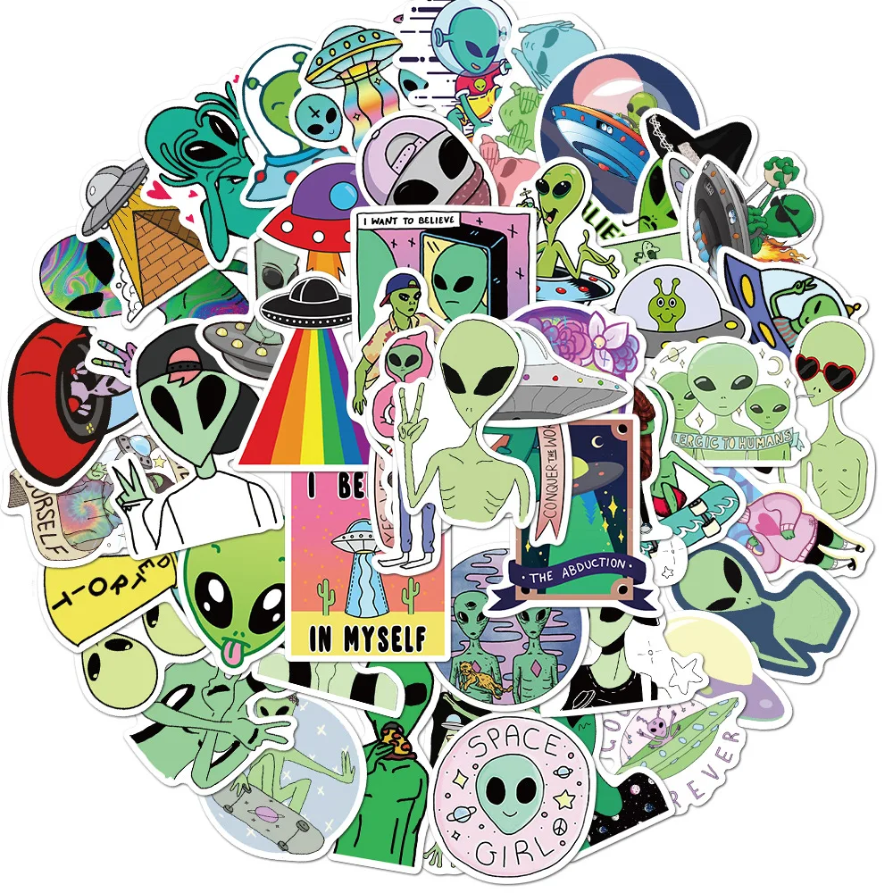 

10/50/100Pcs/Set New Alien Sticker UFO Outer Space Astronaut Rocket Cartoon Stickers Gifts Toys DIY Laptop Decal for Children