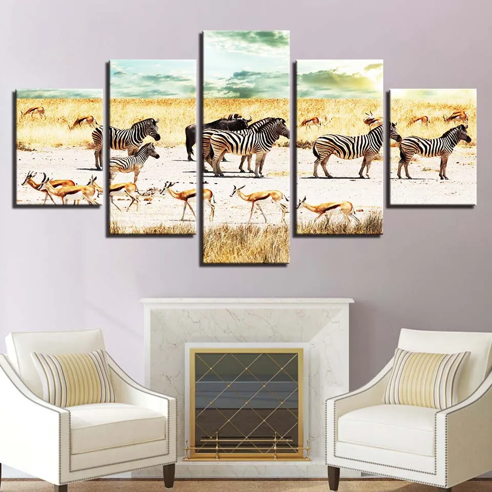 

Modern Canvas Living Room Pictures Painting Wall Artwork 5 Panel Scorching Scorching African Zebra Goa HD Printed Modular Poster