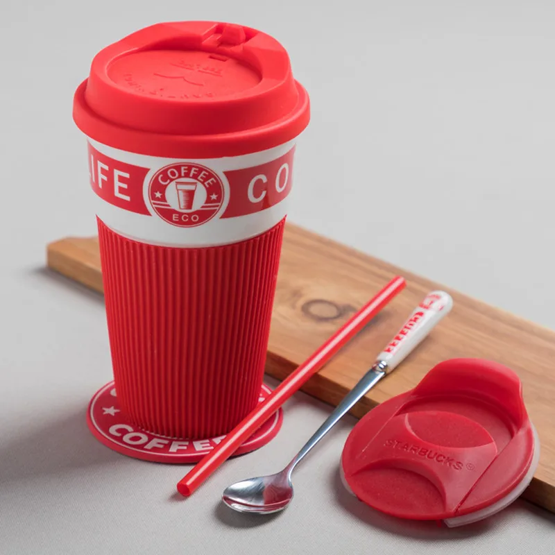 Простая керамическая кружка чашка для кофе с крышкой и ложкой офисные - Фото №1