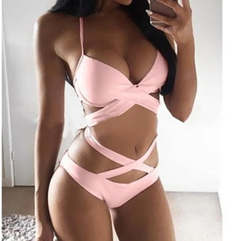 Sexy High Waist Women Bra Set 2022 Solid Cross Bandage Halter Swimsuit New Swimwear Bikini Sets Push Up Underwear Suit | Женская одежда